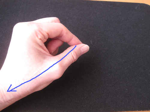 人差し指と親指の力を緩めると、輪ゴムが矢印の方向に引っ張られます
