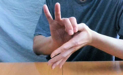 右の人差し指と中指で左の親指をつかむ
