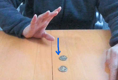 右手の親指をはじいて、コインを前に移動させる