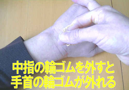 中指の輪ゴムを外すと、手首の輪ゴムが外れます