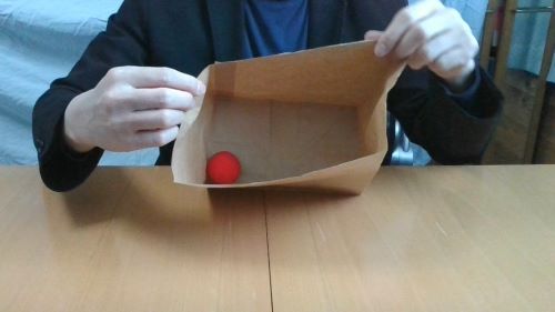 紙袋に赤いボールが入りました。